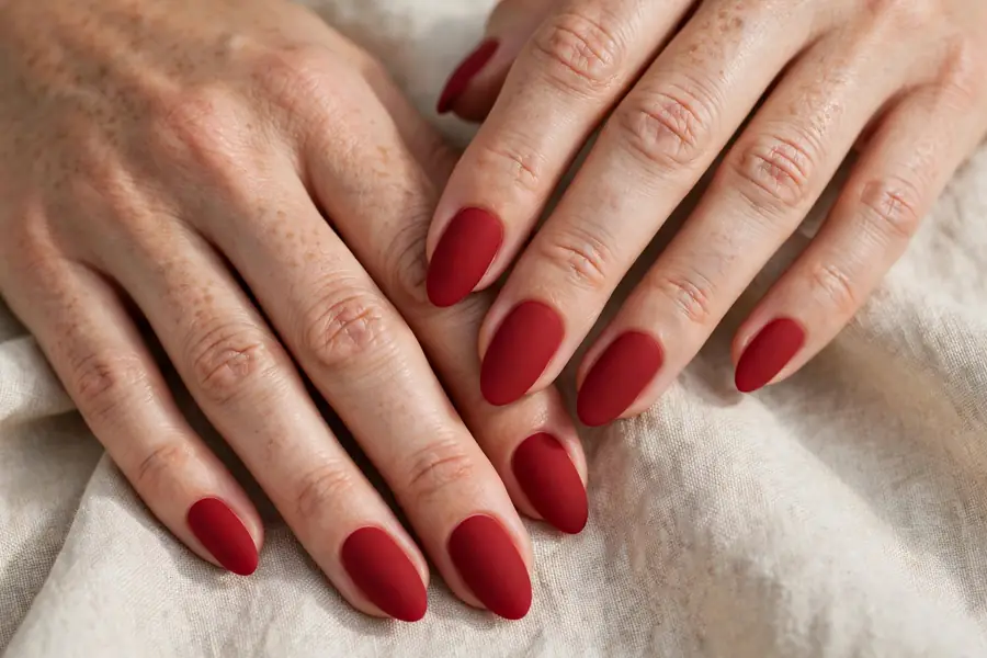 Matte classic red almond nails on real hands