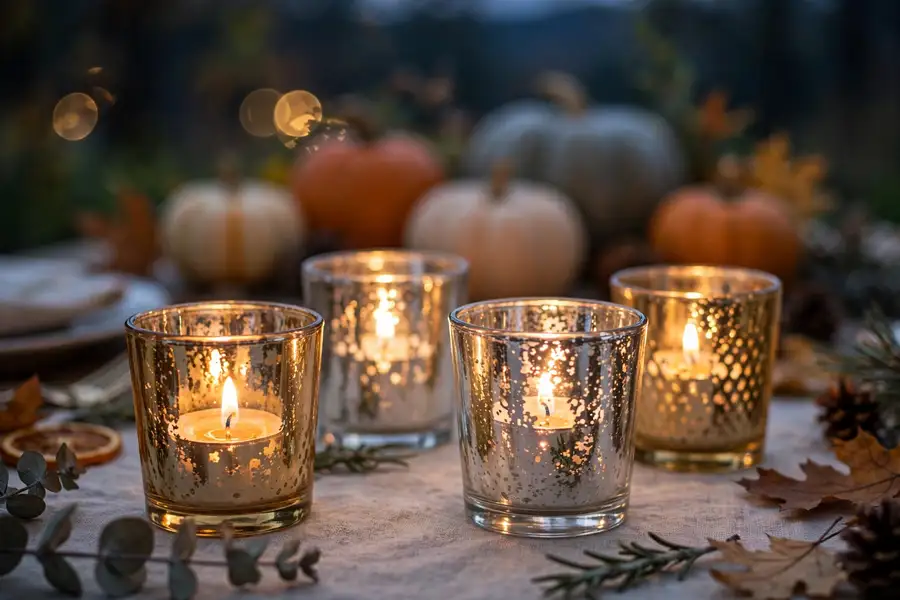 Mercury glass votive candles glowing on a thanksgiving table