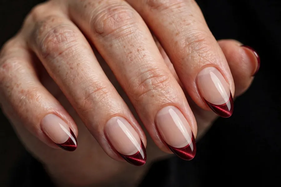 Vampire red micro French dark red cat eye nails