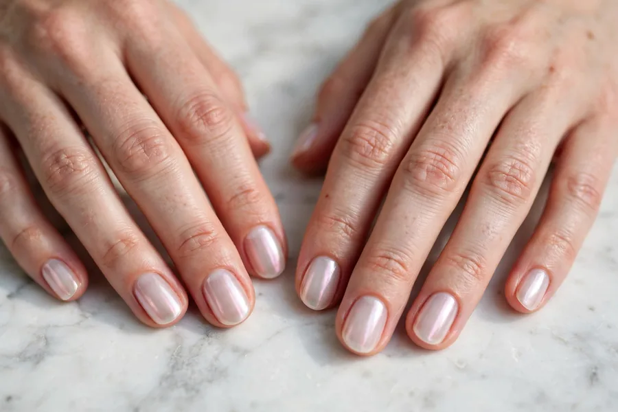 Milky jelly pink chrome nails, short oval with soft translucency