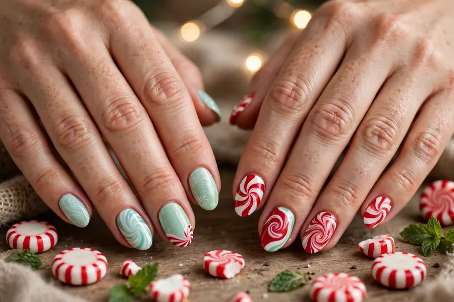 Mint and red peppermint nails with green white and red swirls on real hands