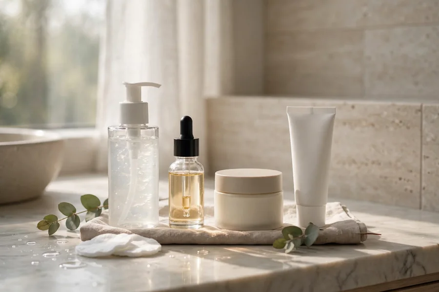 Simple morning skincare routine in soft daylight