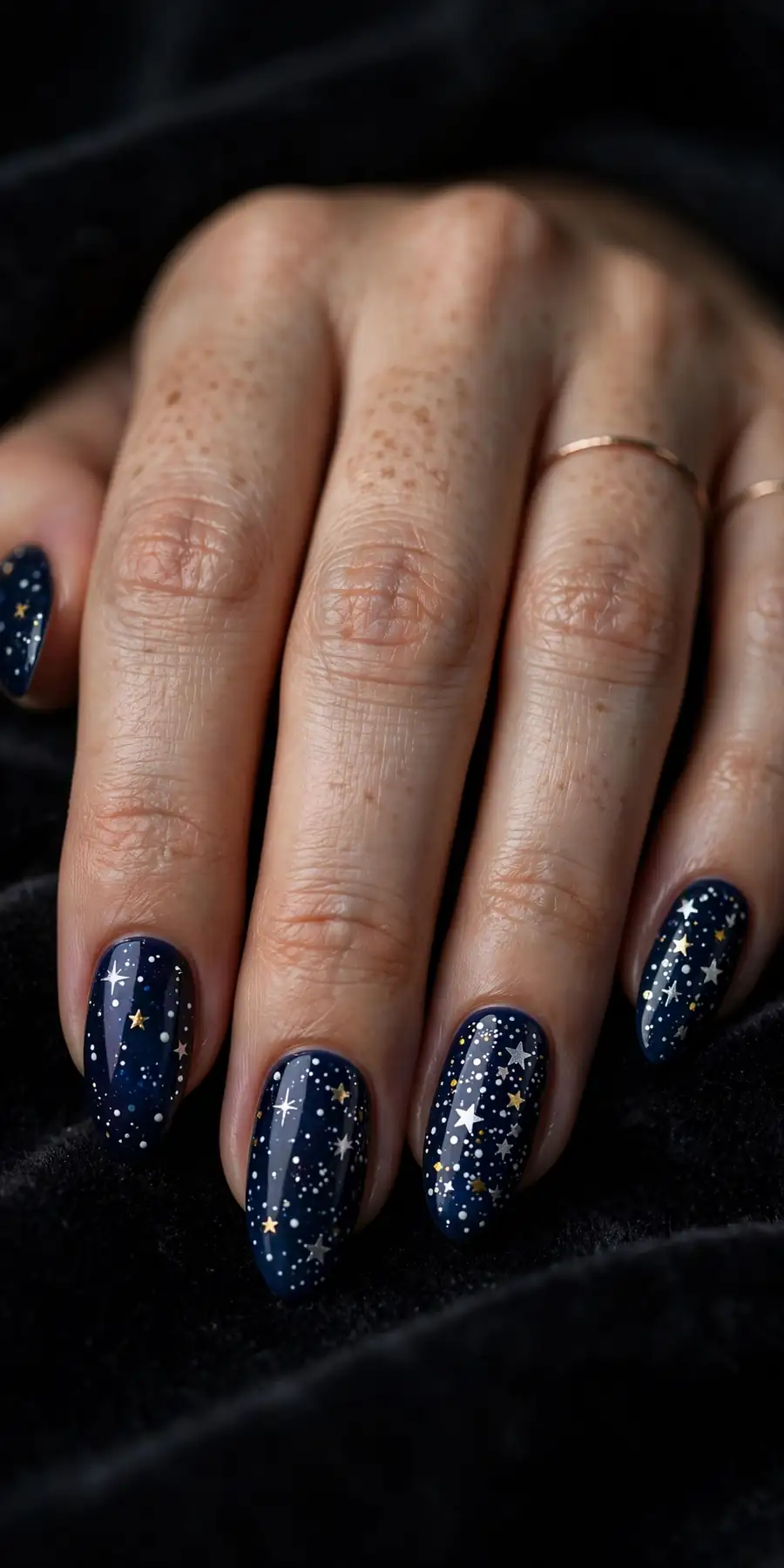 Starry midnight sky nail art for New Year's Eve