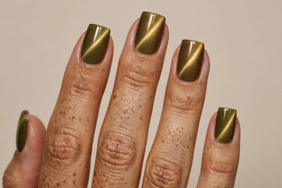 Square nails with olive-to-gold two tone cat eye nail polish, earthy metallic shift