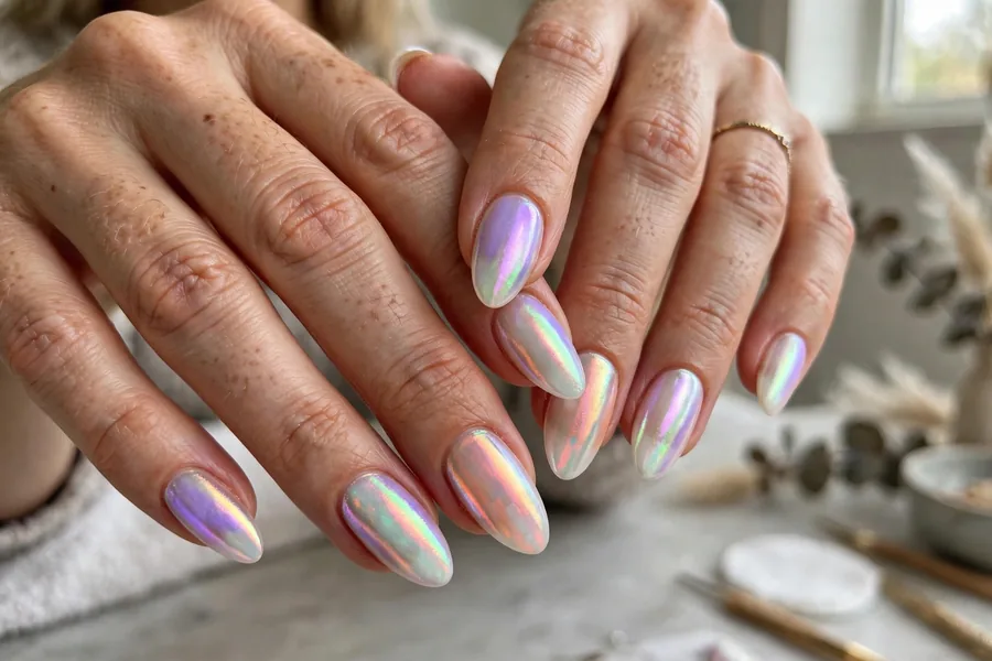 Opal aurora milky white chrome nails with lavender and mint flashes