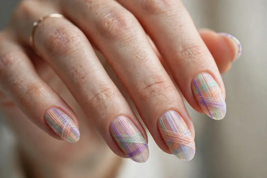 Pastel pinstripe almond nails in lilac mint peach on real hands
