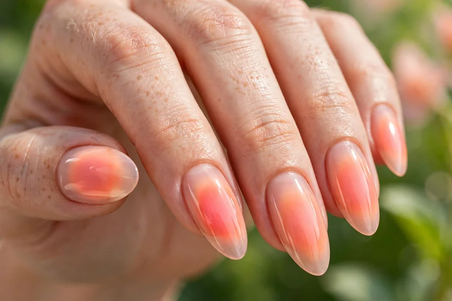 Peach sorbet aura nails with juicy peach and coral color fields