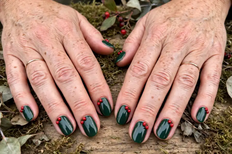 Evergreen nails with red winterberry accents on real hands