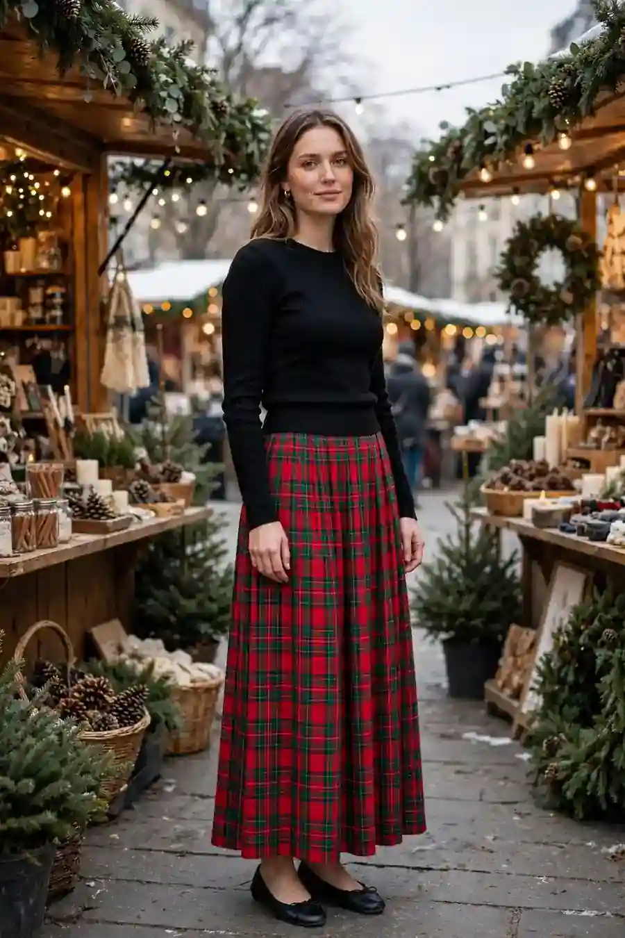 Red and green plaid maxi skirt with black sweater at a holiday market party