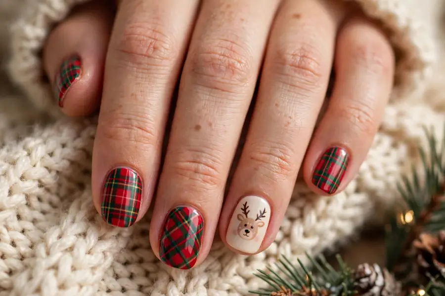 Plaid pattern reindeer nails with a small reindeer accent on real hands