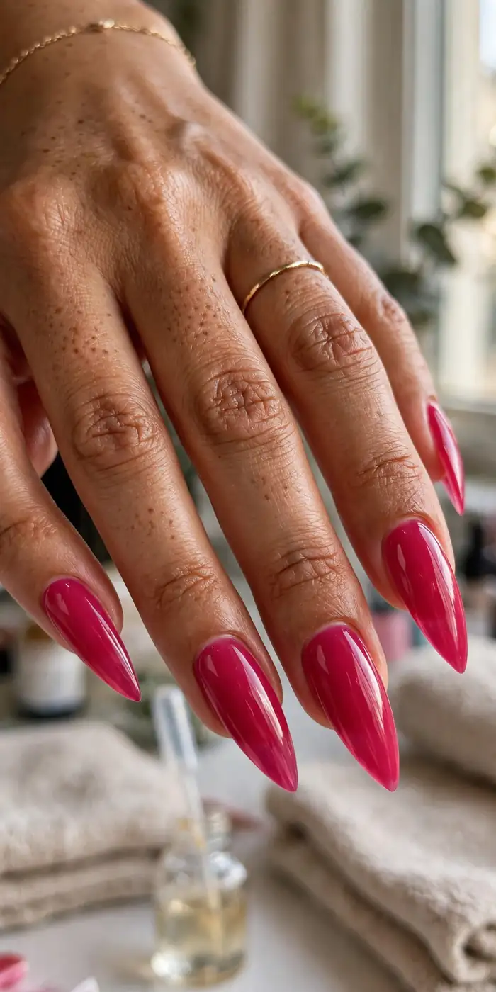 Stiletto-shaped raspberry jelly nails in glossy translucent berry