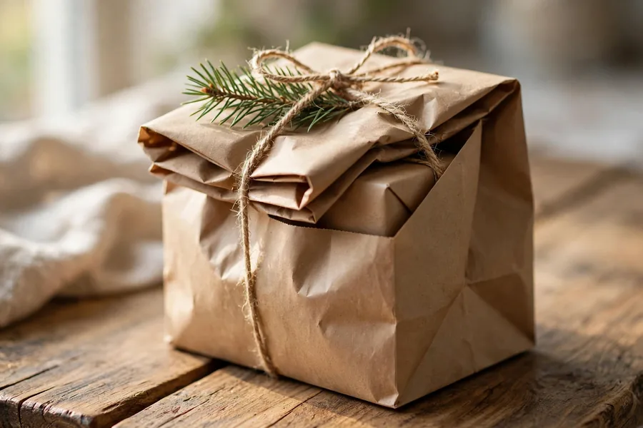 A Christmas gift in a folded brown paper bag tied with twine and a greenery sprig