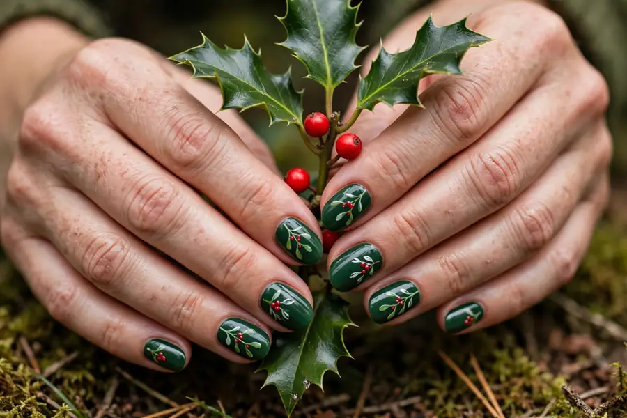 Red berry mistletoe on forest green mistletoe nails on real hands holding holly