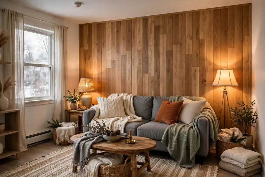 peel and stick wood panels on a living room accent wall in a rental