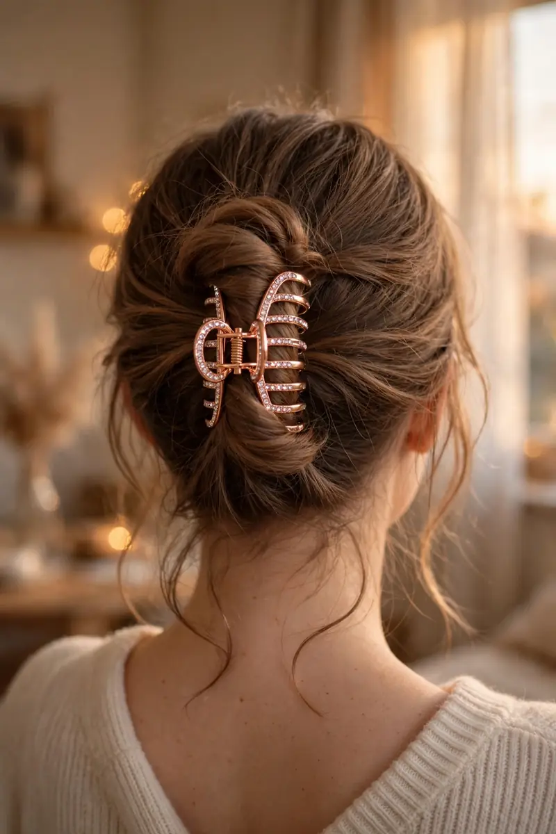 twisted updo held by a rose gold rhinestone claw clip