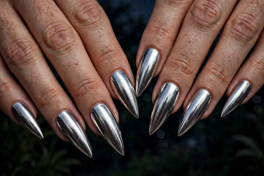 Silver chrome stiletto nails on real hands against a dark evening backdrop