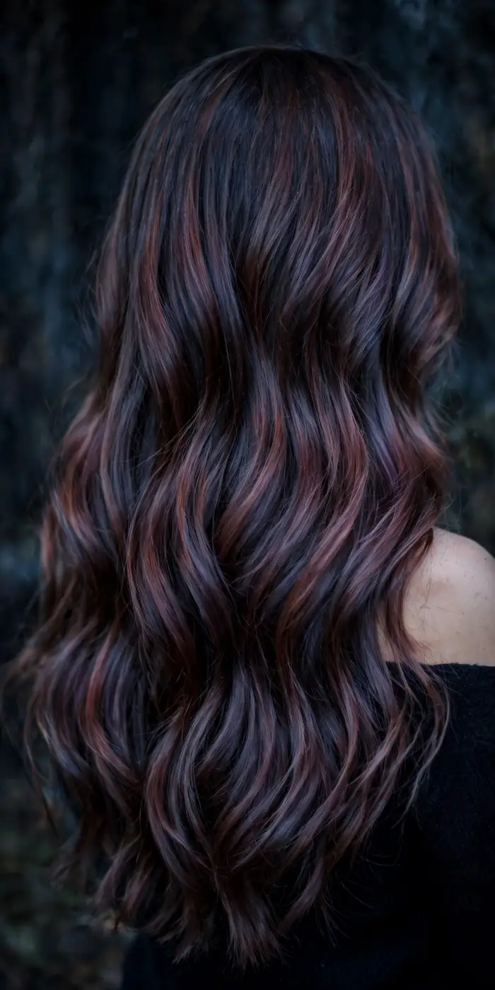 Smoky muted cherry cola brunette hair color with cool undertones