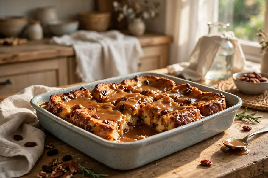 Sticky toffee French toast bake with caramel sauce in a baking dish