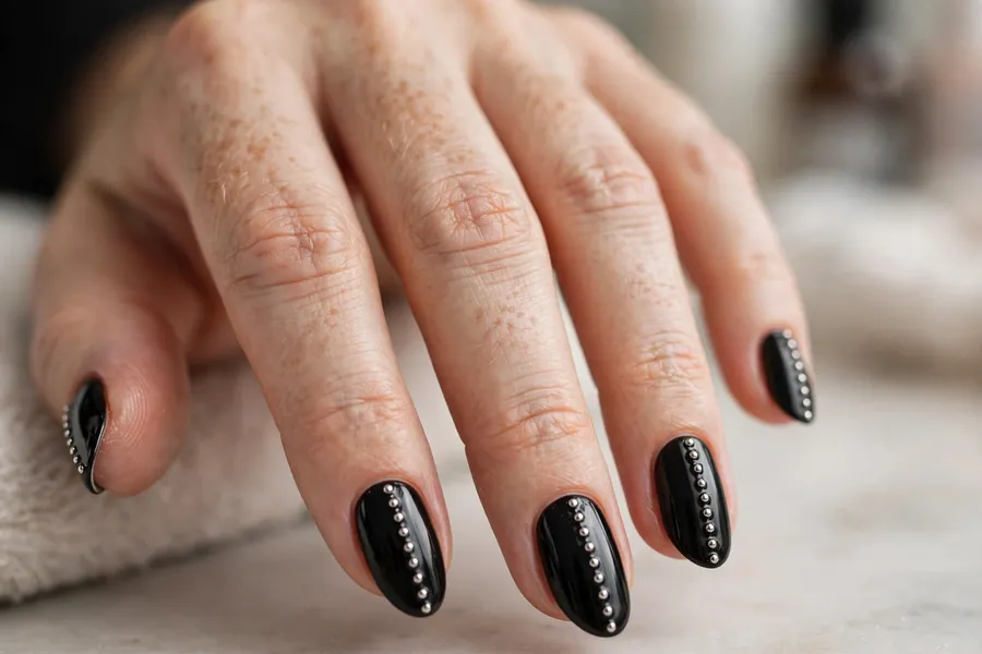 Studded black nails with silver studs, rocker black nails