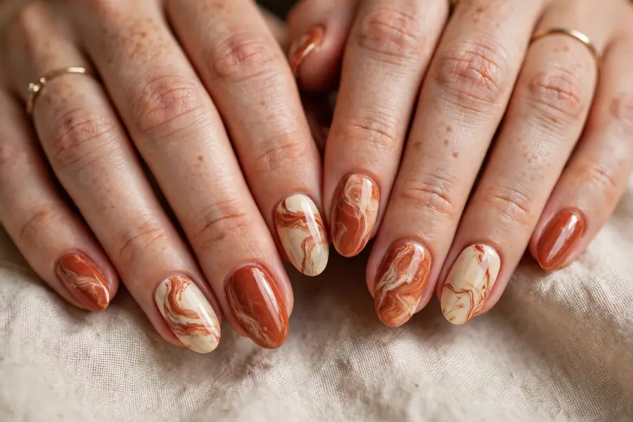 Terracotta and cream marble nails