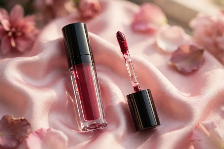 Tinted lip oil tube in berry shade with glossy applicator on pink silk