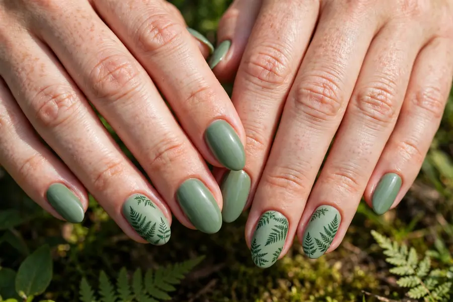 Sage green nails with tiny fern frond art