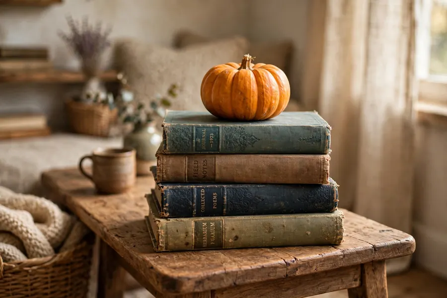Fall home decor ideas with vintage books stacked and mini pumpkins