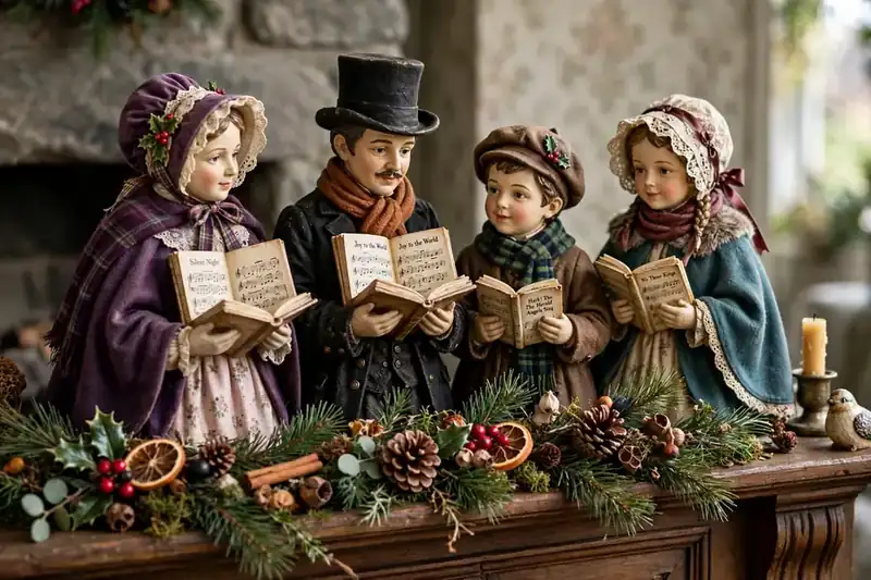 Vintage ceramic Christmas caroler figurines holding songbooks on a mantel