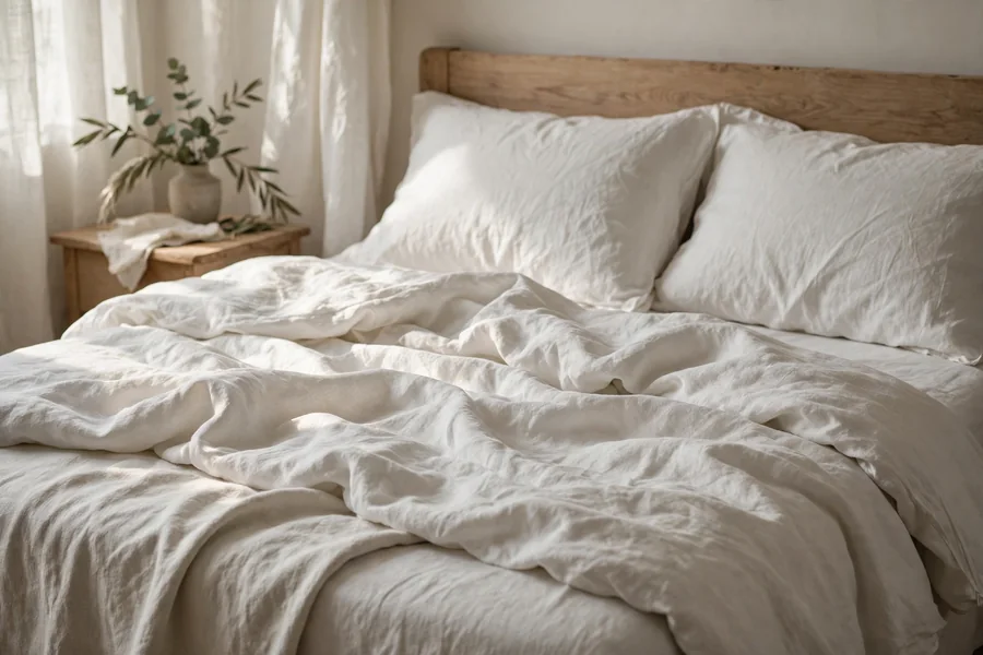 washed linen sheets in soft white on a cozy unmade bed