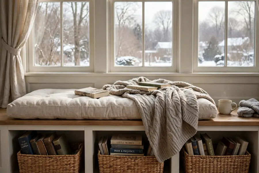 Window bench with storage baskets for books cushions and a blanket in winter light