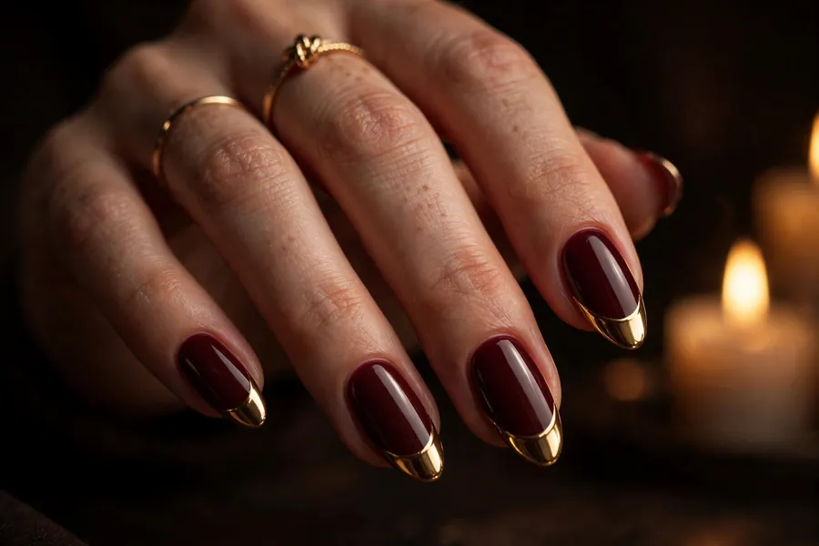 Hand with burgundy wine nails and gold chrome tips