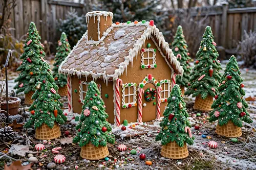 Photorealistic photograph of a gingerbread house yard with green icing waffle cone Christmas trees and candy ornaments