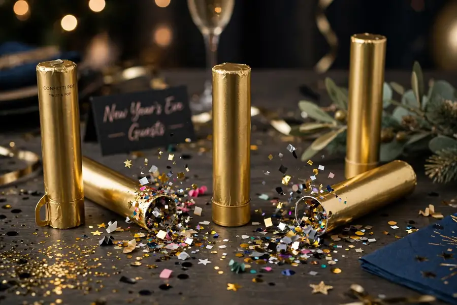 Confetti pop party favors in gold tubes for New Year's Eve guests