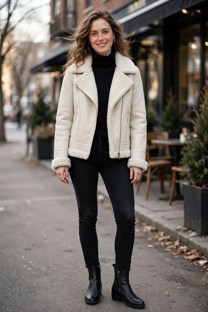 Woman wearing a cream faux shearling jacket with slim black jeans and ankle boots