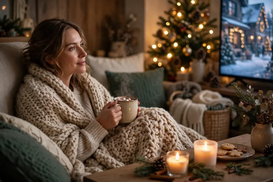 Woman relaxing alone with a blanket, candle and hot drink watching a Christmas movie