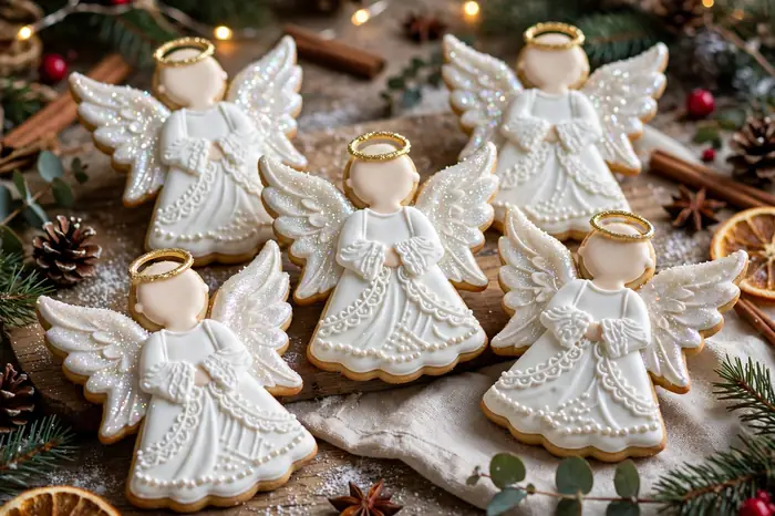 Angel-shaped cookies with white dresses, gold halos and shimmering wings