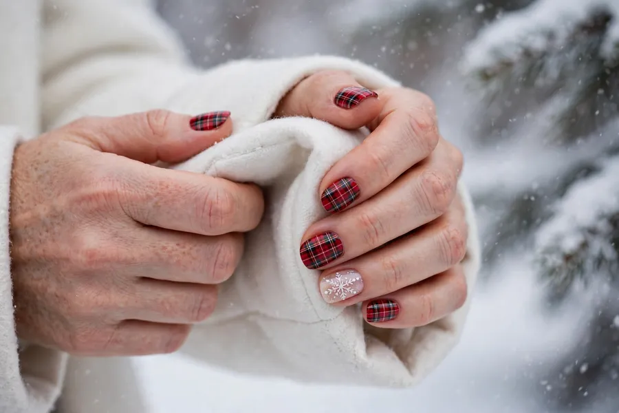 Plaid nails with snowflake accent nail