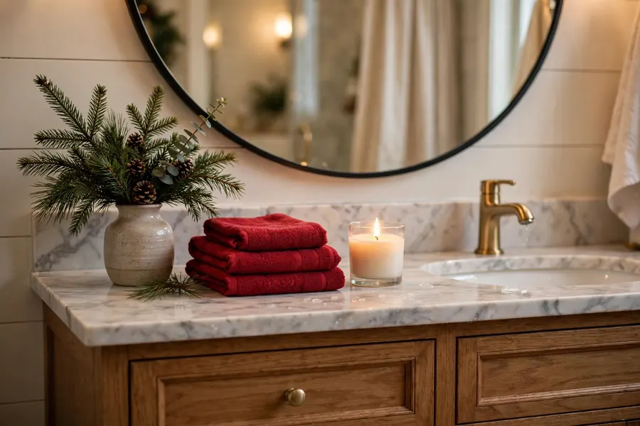 Bathroom mirror with evergreen sprigs, red towels and a glowing candle
