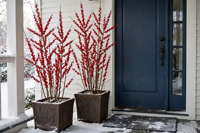 Photorealistic photograph of tall red winterberry branches arranged in planters beside a front door