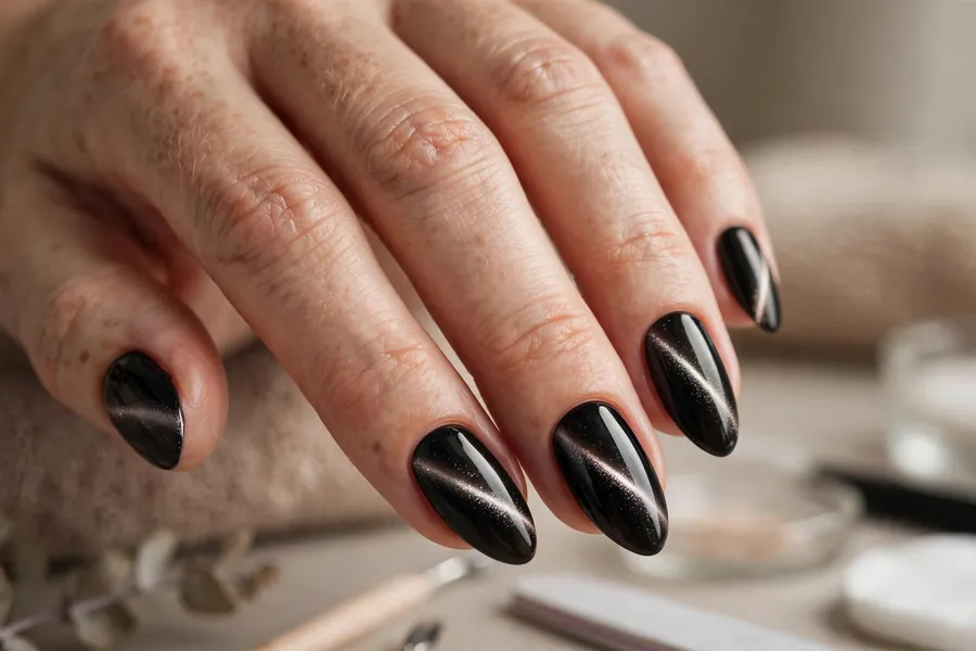 Black cat-eye nails with magnetic shimmer, magnetic black nails