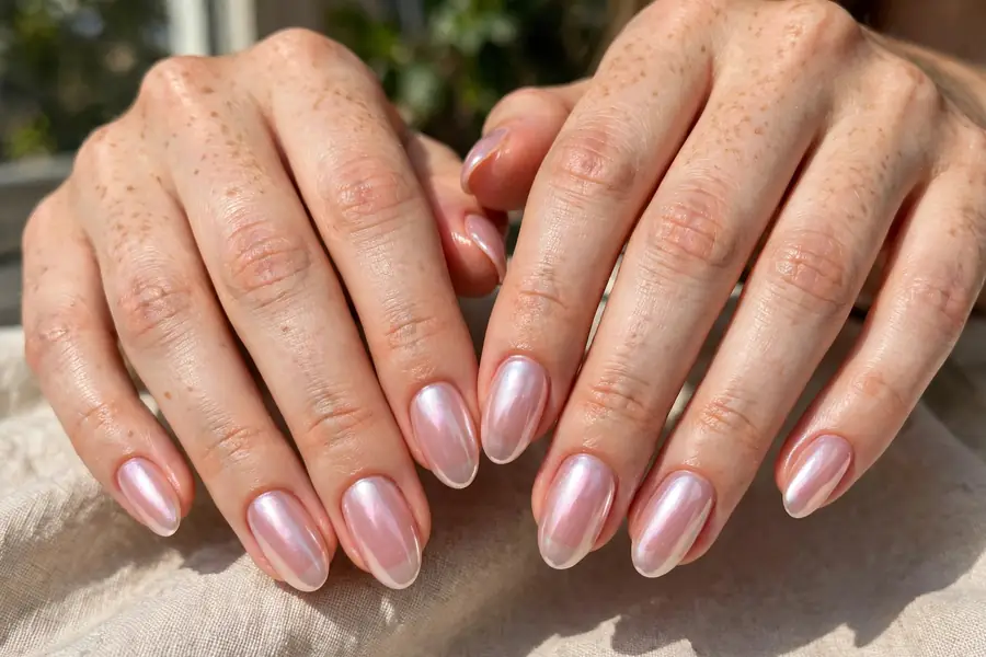 Blush glazed donut nails on real hands with a shiny translucent pink glow