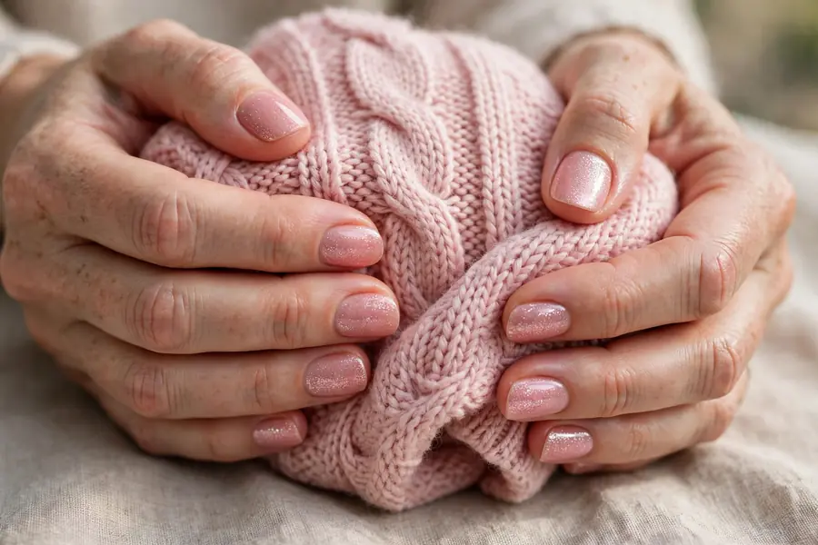 Blush pink glitter nails on real hands holding a pink sweater