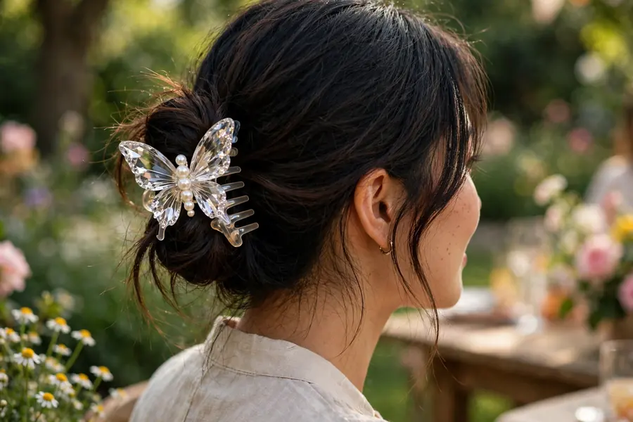 bun decorated with a pearl crystal butterfly claw clip