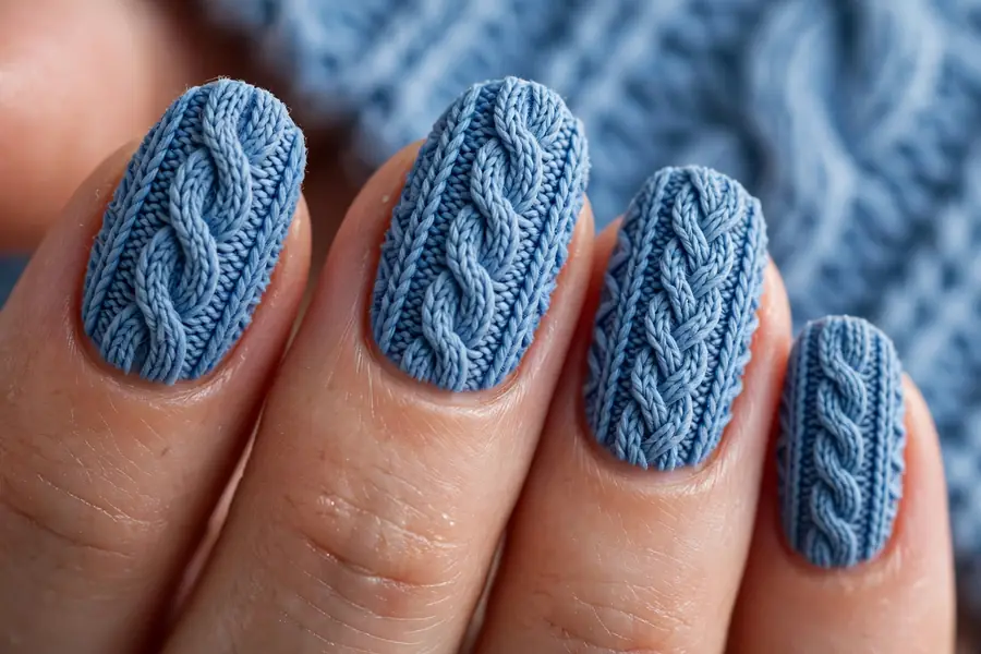Blue cable-knit sweater texture nail art