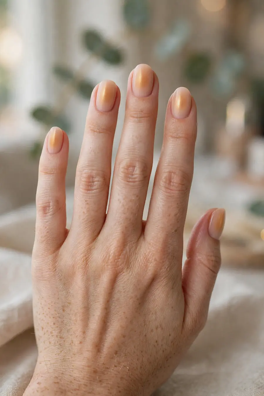 Caramel nude nails with a soft caramel aura glow in the center