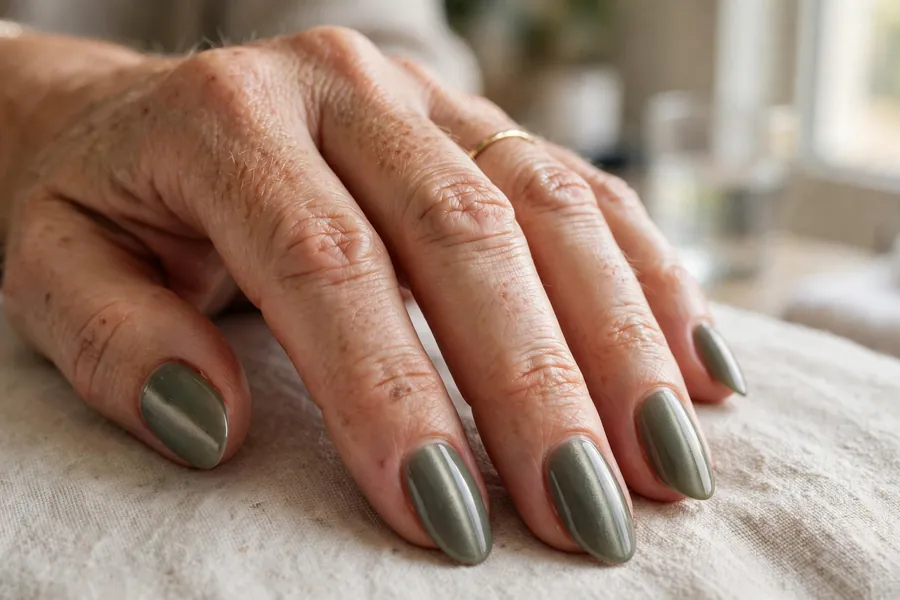 Olive green cat-eye nails