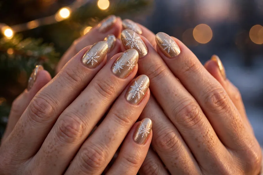 Champagne gold shimmer nails with delicate white snowflake nail art on real hands