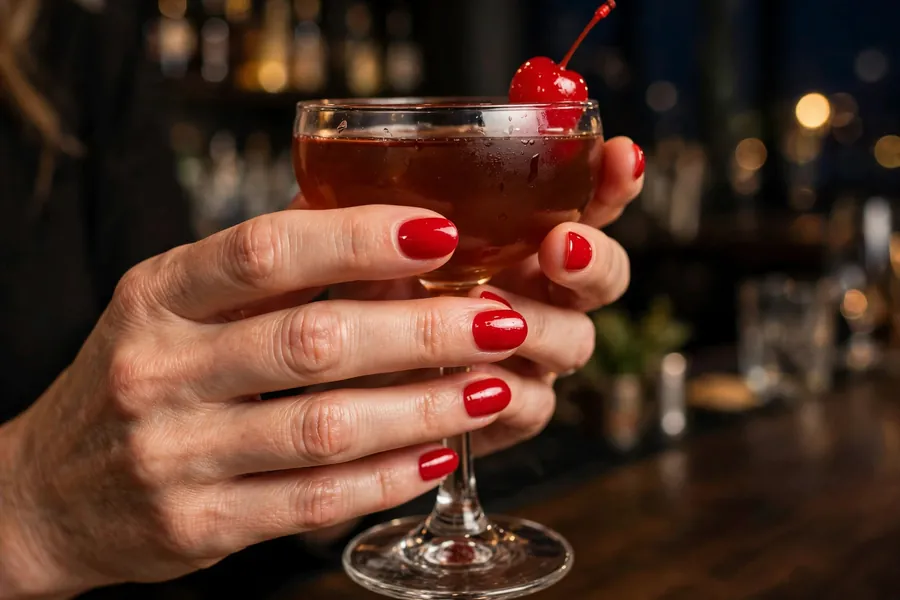 Cherry red high gloss date night nails on real hands holding a cocktail