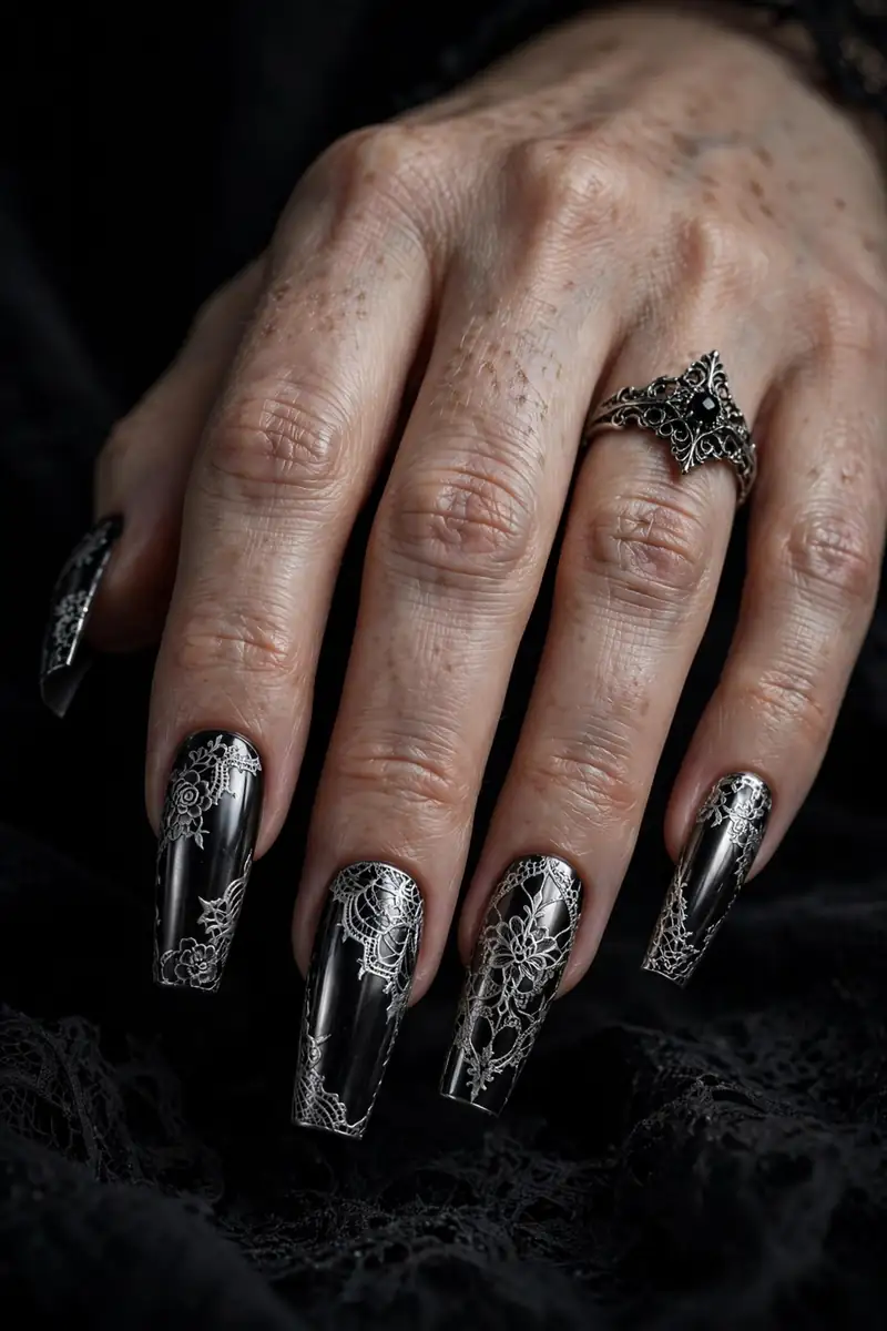 Black gothic chrome coffin nails with lace detail