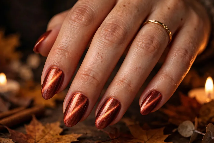 Candlelight copper-red cat eye nails with gold jewelry